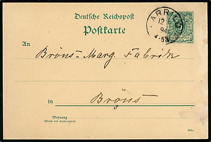 5 pfg. Ciffer helsagsbrevkort annulleret med 1-ringsstempel Arrild d. 12.9.1894 til Brøns.