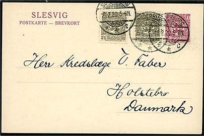 15 pfg. Fælles udg. helsagsbrevkort opfrankeret med 2½ pfg. Fælles udg. (2) fra Sonderburg **C d. 16.2.1920 til Holstebro, Danmark.