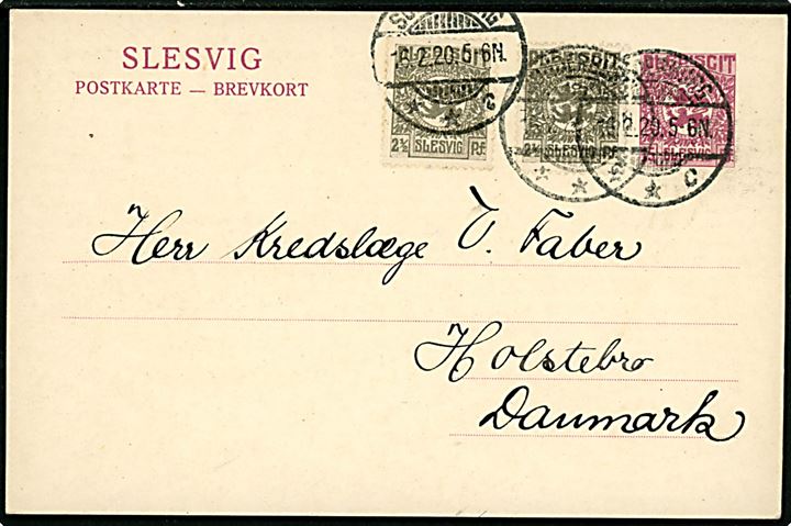 15 pfg. Fælles udg. helsagsbrevkort opfrankeret med 2½ pfg. Fælles udg. (2) fra Sonderburg **C d. 16.2.1920 til Holstebro, Danmark.