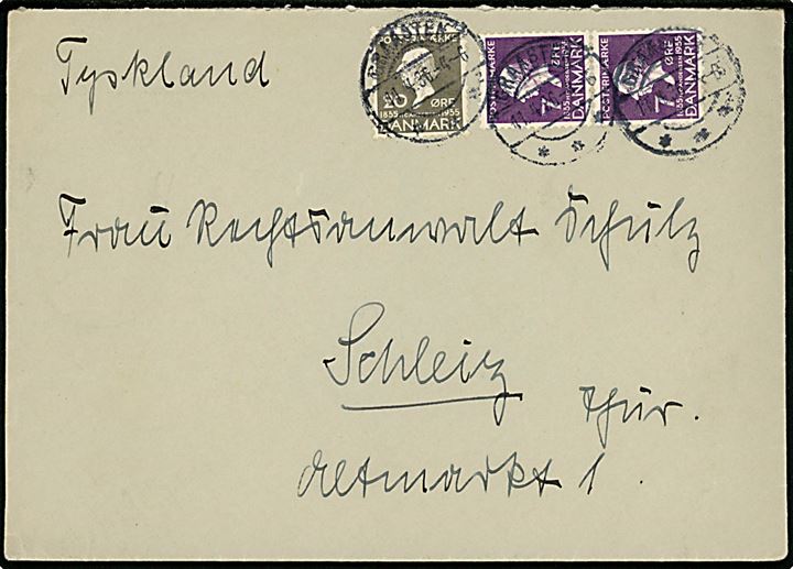 7 øre (par) og 20 øre H. C. Andersen på overfrankeret brev fra Graasten d. 11.4.1936 til Schleiz, Tyskland. På bagsiden rammestempel: Von der Devisen-Nachschau-stelle freigegeben. 