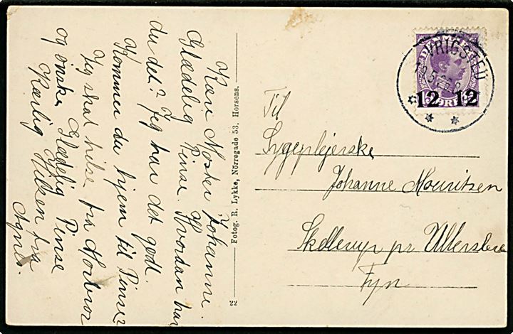 12/15 øre Provisorium på brevkort (Vrigsted Efterskole) annulleret med brotype IIIb Vrigsted d. 19.5.1956 til Ullerslev.