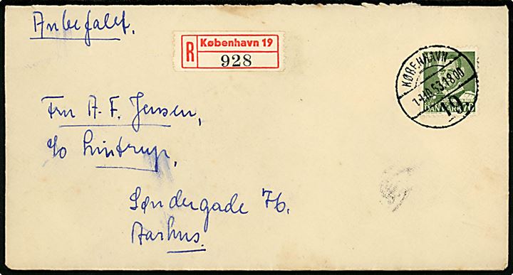 70 øre Fr. IX single på anbefalet brev fra København 19 d. 14.10.1953 til Aarhus.