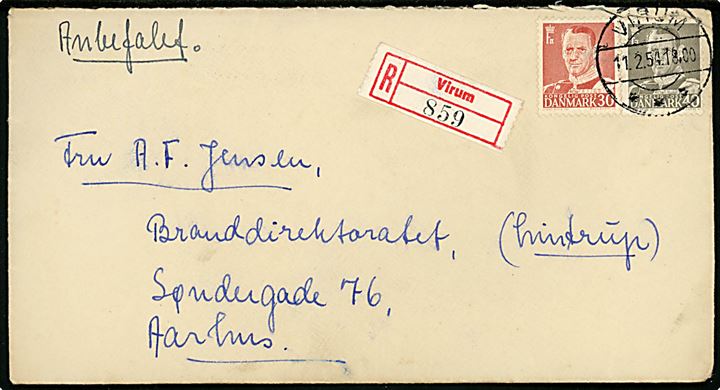30 øre og 40 øre Fr. IX på anbefalet brev fra Virum d. 11.2.1952 til Aarhus.