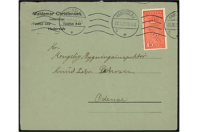 15+5 øre Kræftmærke single på brev fra Haderslev d. 30.10.1929 til Odense.