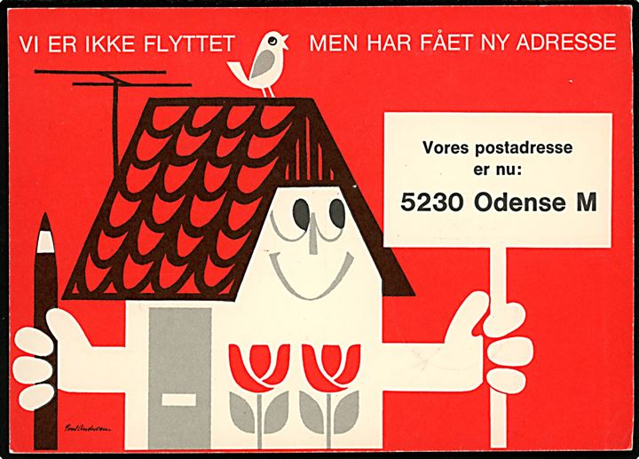 80 øre Margrethe Flyttekort 5230 Odense M med H.C.Andersen etiket og annulleret med særstempel Odense C. H. C. Andersens Hus d. 18.4.1977 til Odense M.
