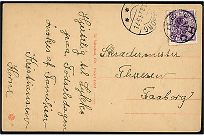 15 øre Chr. X på brevkort annulleret med stjernestempel HORNE og sidestemplet Faaborg d. 23.8.1924 til Faaborg.