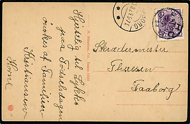 15 øre Chr. X på brevkort annulleret med stjernestempel HORNE og sidestemplet Faaborg d. 23.8.1924 til Faaborg.
