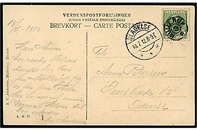 5 øre Fr. VIII på brevkort (Mullerup, udsigt fra møllen) annulleret med stjernestempel MULLERUP og sidestemplet Slagelse d. 18.7.1912 til Odense.