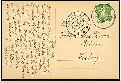 15 øre Chr. X på brevkort annulleret med udslebet stjernestempel LYSABILD og sidestemplet Sønderborg d. 1.1.1945 til Faaborg.