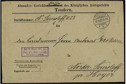 Ufrankeret tjenestebrev fra Gerichtskasse des Königlichen Amtsgerichts i Tondern d. 30.11.1907 til Norder Seiersleff pr. Hoyer.