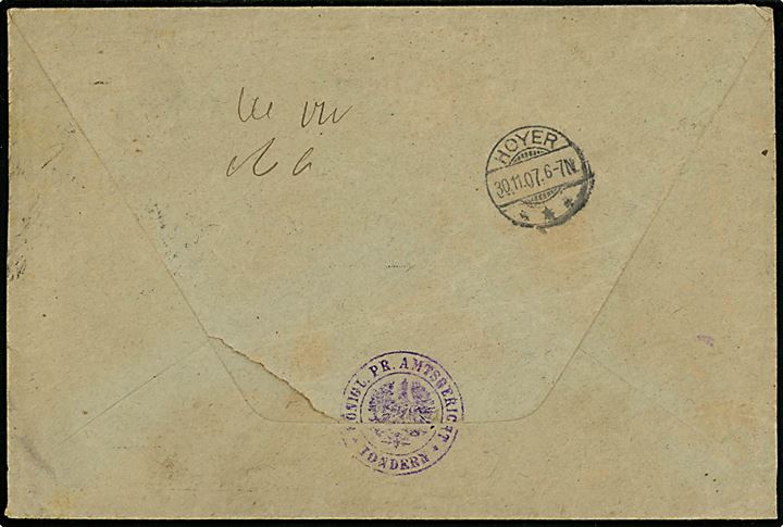 Ufrankeret tjenestebrev fra Gerichtskasse des Königlichen Amtsgerichts i Tondern d. 30.11.1907 til Norder Seiersleff pr. Hoyer.