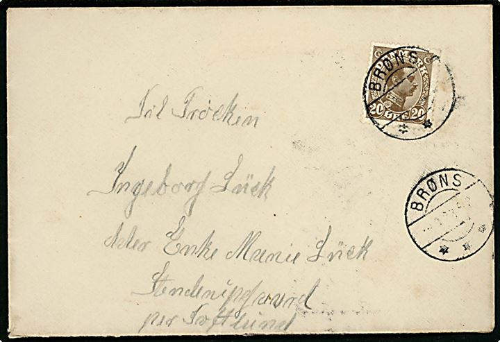 20 øre Chr. X på brev annulleret med brotype IIb Brøns d. 9.3.1923 til Toftlund.