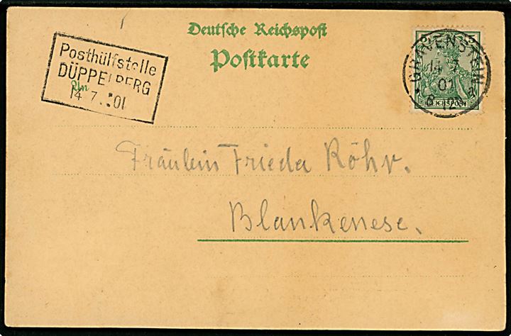 5 pfg. Reichpost Germania på brevkort (Düppel Denkmal) annulleret Gravenstein d. 14.7.1901 og sidestemplet med rammestempel Posthülfstelle DÜPPELBERG d. 14.7.1901 til Blankenese.