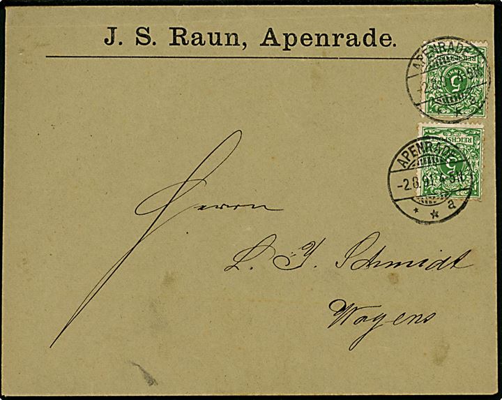 5 pfg. Ciffer (2) på brev annulleret Apenrade d. 2.8.1891 til Woyens. 