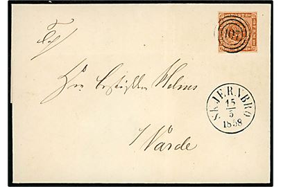 4 sk. 1854 udg. på brev annulleret med nr.stempel 107 og sidestemplet antiqua Skjernbro d. 15.5.1858 til Varde. Postkontoret i Skjernbro blev nedlagt i 1860 og flyttede til Tarm.