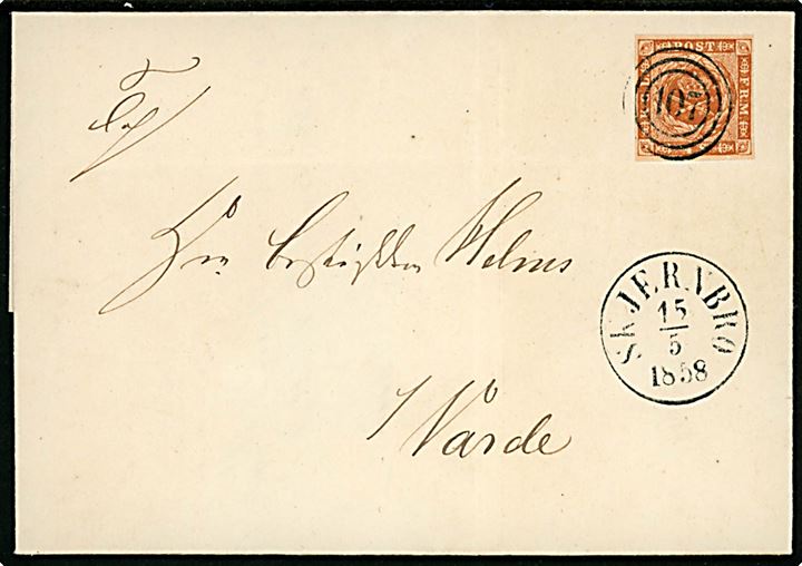 4 sk. 1854 udg. på brev annulleret med nr.stempel 107 og sidestemplet antiqua Skjernbro d. 15.5.1858 til Varde. Postkontoret i Skjernbro blev nedlagt i 1860 og flyttede til Tarm.