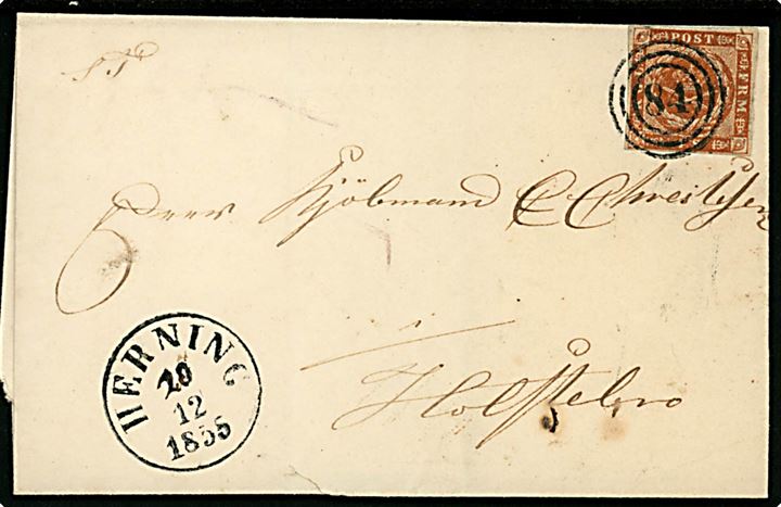 4 sk. 1854 udg. på brev annulleret med nr.stempel 84 og sidestemplet antiqua Herning d. 20.12.1855 til Holstebro. 