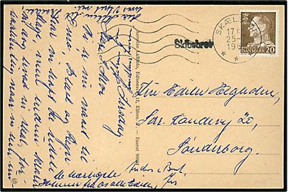 20 øre Fr. IX på brevkort (Luftfoto af Omø havn) fra Omø annulleret Skælskør d. 25.7.1962 og sidestemplet Skibsbrev ti Sønderborg. God brugsforsendelse. Bendix: 1000,-