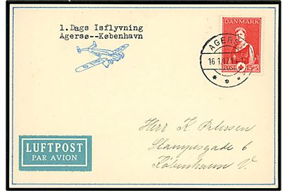 15+5 øre Røde Kors på Isluftpost brevkort annulleret Agersø d. 16.1.1947 til København. 
