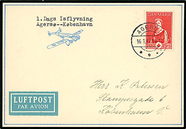 15+5 øre Røde Kors på Isluftpost brevkort annulleret Agersø d. 16.1.1947 til København. 