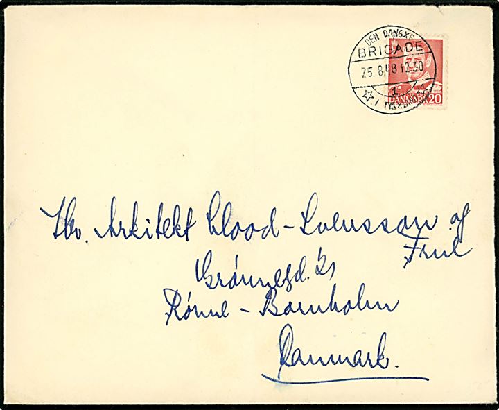 20 øre Fr. IX på brev stemplet Den danske Brigade / 1 / * i Tyskland * d. 25.8.1948 til Rønne på Bornholm.