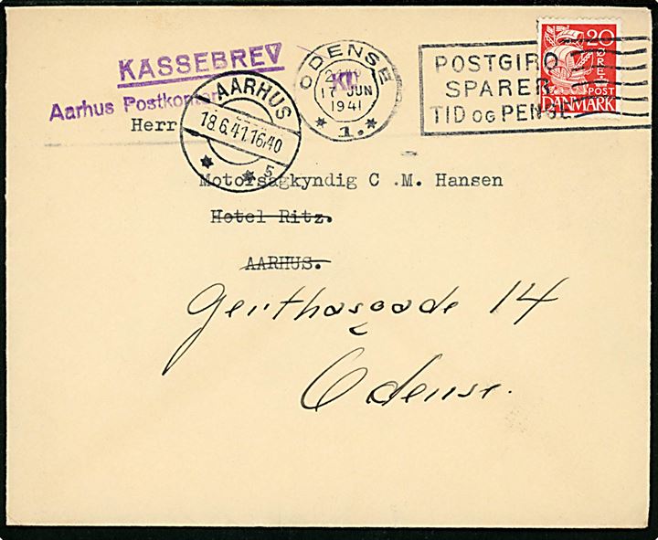20 øre Karavel på brev fra Odense d. 17.6.1941 til Hotel Ritz, Aarhus. Eftersendt til Odense med violet stempel: Kassebrev / Aarhus Postkontor.