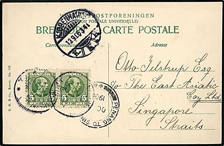 5 øre Chr. IX i parstykke på brevkort fra Kjøbenhavn d. 13.9.1906 til Singapore, Straits Settlements. Transit stemplet Penang to Singapore d. x.10.1906.