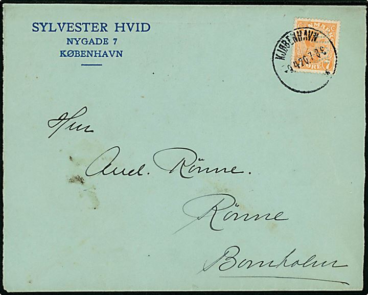 7 øre Chr. X med perfin 7016 på tryksag fra firma Sylvester Hvid i Kjøbenhavn d. 9.4.1920 til Rønne på Bornholm. 7016 var Sylvester Hvid's telefon-nr.