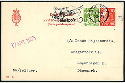 15+5 øre svardel af provisorisk dobbelt helsagsbrevkort (fabr. 112-H) annulleret med tysk stempel i Stettin d. 15.4.1935 til København, Danmark. Hj.knæk.
