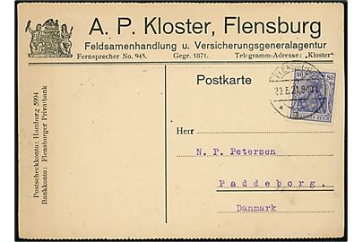 80 pfg. Germania på udlandsfrankeret brevkort fra Flensburg d. 20.5.1921 til Paddeborg, Danmark. Interessant brevkort sendt i den korte periode (17.6.1920-26.9.1921) hvor der ingen grænseporto aftale var mellem Danmark og Tyskland pga. grænseflytning.