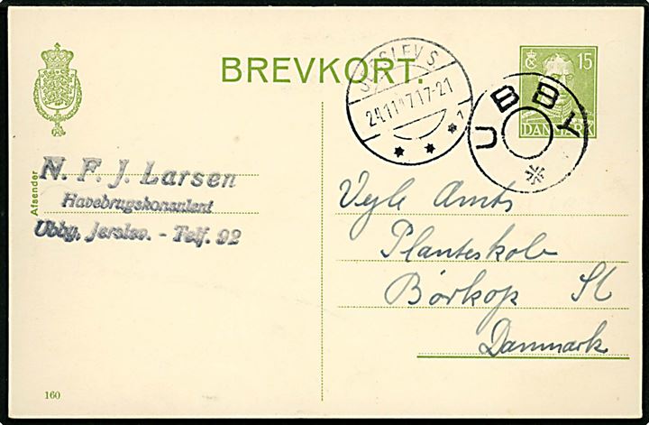 15 øre Chr. X helsagsbrevkort (fabr. 160) annulleret med udslebet stjernestempel UBBY og sidestemplet Jerslev S. d. 24.11.1947 til Børkop.