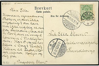 5 øre Våben på brevkort (Hesselager latinskole) annulleret med stjernestempel HESSELAGER og sidestemplet bureau Nyborg - Svendborg T.26 d. 4.11.1905 til Svendborg.