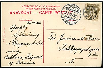 3 øre Bølgelinie på lokalt brevkort (Søborghus Villakvarter) annulleret med stjernestempel EMDRUP og sidestemplet bureau Kjøbenhavn - Slangerup T.50 d. 30.9.1906 til København.