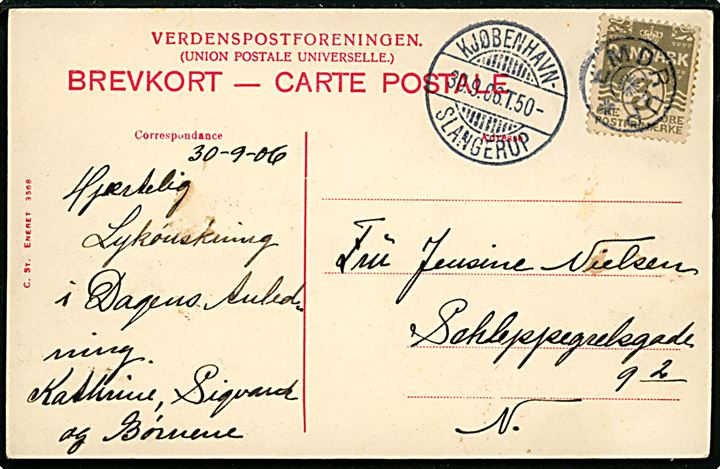 3 øre Bølgelinie på lokalt brevkort (Søborghus Villakvarter) annulleret med stjernestempel EMDRUP og sidestemplet bureau Kjøbenhavn - Slangerup T.50 d. 30.9.1906 til København.