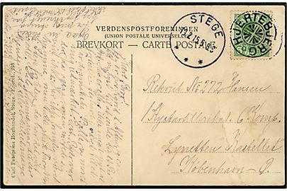 5 øre Chr. X på brevkort annulleret med stjernestempel HJERTEBJERG og sidestemplet Stege d. 19.2.1915 til soldat på søfortet Lynetten. Stjernestempel benyttet ca. 4 måneder tidligere end registreret i Skilling. Folder.