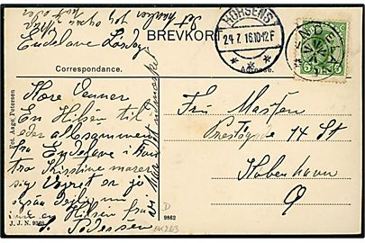 5 øre Chr. X på brevkort (Parti fra Endelave) annulleret med stjernestempel ENDELAVE og sidestemplet Horsens d. 24.7.1916 til København.