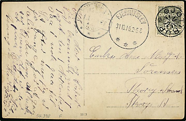 3 øre Bølgelinie på lokalt brevkort annulleret med stjernestempel GJØTTRUP og sidestemplet Fjerritslev d. 31.10.1916 til Thorup St. Knæk.