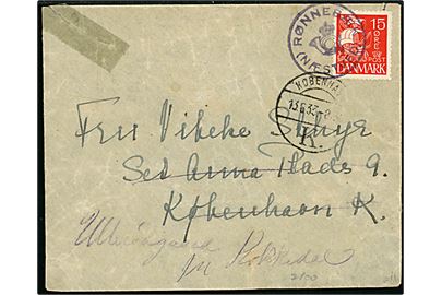 15 øre Karavel på brev annulleret med posthornstempel RØNNEBÆK (NÆSTVED) og sidestemplet København K. d. 13.6.1933 til København - eftersendt til Kokkedal. Tape i venstre hjørne.
