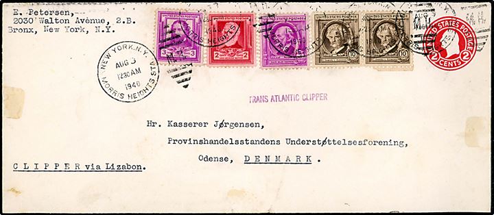 Opfrankeret helsagskuvert sendt som 30 cents luftpost påskrevet Clipper via Lizabon og violet stempel Trans Atlantic Clipper fra New York d. 3.8.1940 til Odense, Danmark. Uden tegn på tysk censur.