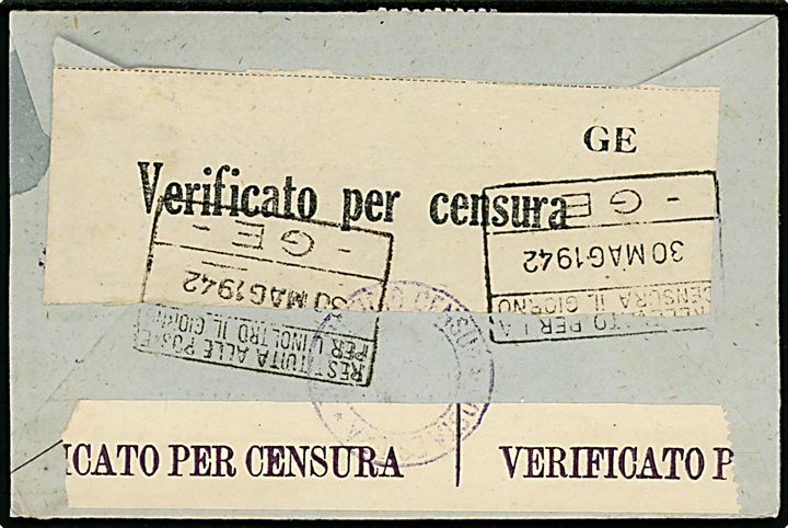 25 cts. (2), 50 cts. (3) Franco på luftpostbrev fra Valencia d. 20.5.1942 til Internationalt Røde Kors i Genova, Italien - omadresseret til Geneve, Schweiz. Åbnet af italiensk censur i Genova.