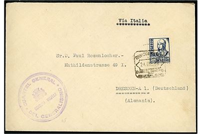 50 cts. Isabel på brev påskrevet Via Italia annulleret med rammestempel i Cuartel General del Generalisimo d. 24.1.1938 til Dresden, Tyskland. Lokal spansk censur fra Franco's hovedkvarter.