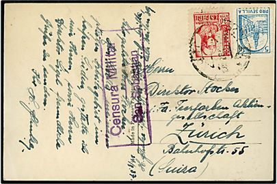 30 cts. Isabel og 5 cts. Pro Sevilla på brevkort fra Sevilla d. 24.4.1937 til Zürich, Schweiz. Lokal spansk censur fra San Sebastian.