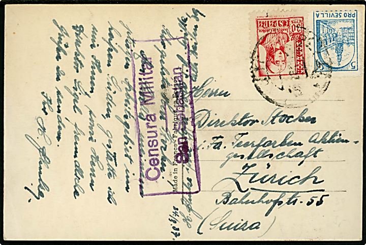 30 cts. Isabel og 5 cts. Pro Sevilla på brevkort fra Sevilla d. 24.4.1937 til Zürich, Schweiz. Lokal spansk censur fra San Sebastian.
