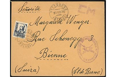 50 cts. Isabel på brev fra Antequera (Malaga) d. 9.2.1938 til Bern, Schweiz. På bagsiden 5 cts. lokalt velgørenhedsmærke. Sendt fra soldat ved Infanteriregiment No. 231 med violet afdelingsstempel. Vandret fold.