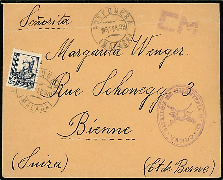 50 cts. Isabel på brev fra Antequera (Malaga) d. 9.2.1938 til Bern, Schweiz. På bagsiden 5 cts. lokalt velgørenhedsmærke. Sendt fra soldat ved Infanteriregiment No. 231 med violet afdelingsstempel. Vandret fold.