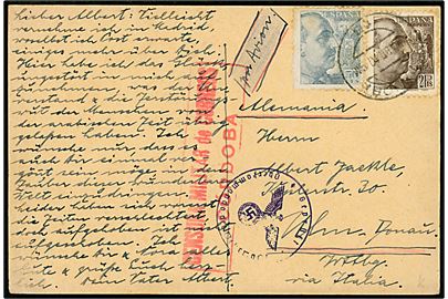 50 cts. og 2 pts. Franco på luftpost brevkort fra Cordoba d. 9.4.1940 via Sevilla til Ulm, Tyskland. Påskrevet via Italia. Lokal spansk censur fra Cordoba og tysk censur. 