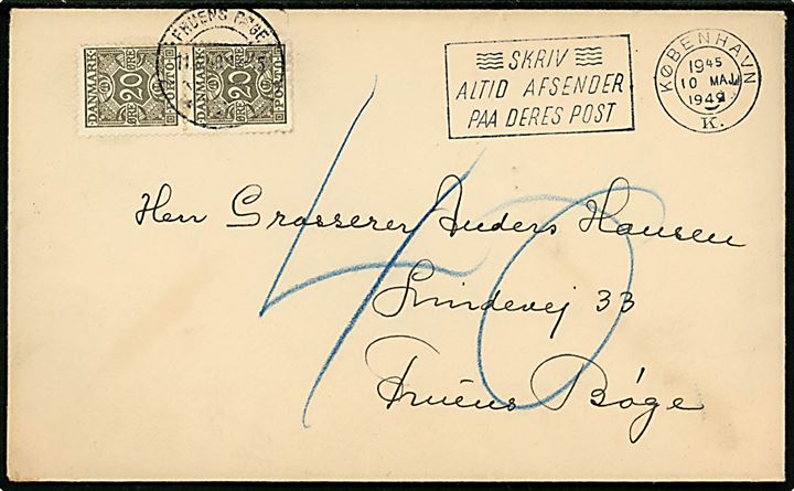 Ufrankeret brev fra København d. 10.5.1949 til Fruens Bøge. Udtakseret i porto med 20 øre Portomærke i parstykke stemplet Fruens Bøge d. 11.5.1949.