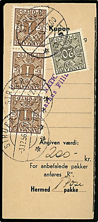20 øre og 1 kr. (3) Portomærke stemplet Struer d. 3.12.1956 som returporto på talon for returpakke.