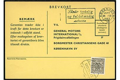 Ufrankeret svarbrevkort sendt lokalt i København d. 26.2.1962. Udtakseret i enkeltporto med 20 øre Portomærke annulleret København SV d. 27.2.1962.