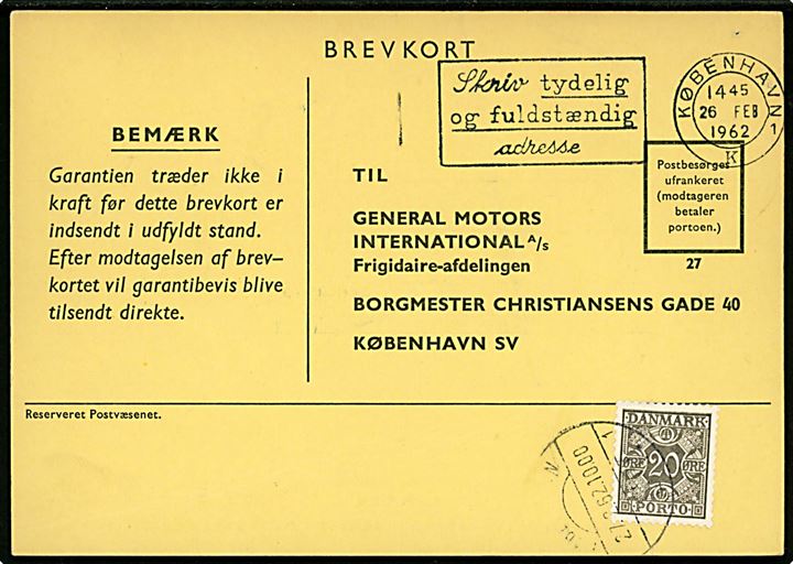 Ufrankeret svarbrevkort sendt lokalt i København d. 26.2.1962. Udtakseret i enkeltporto med 20 øre Portomærke annulleret København SV d. 27.2.1962.